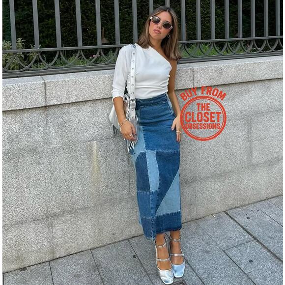 MANGO Patchwork Denim Midi Skirt NWT | Blue Cotton A-Line - Picture 5 of 16